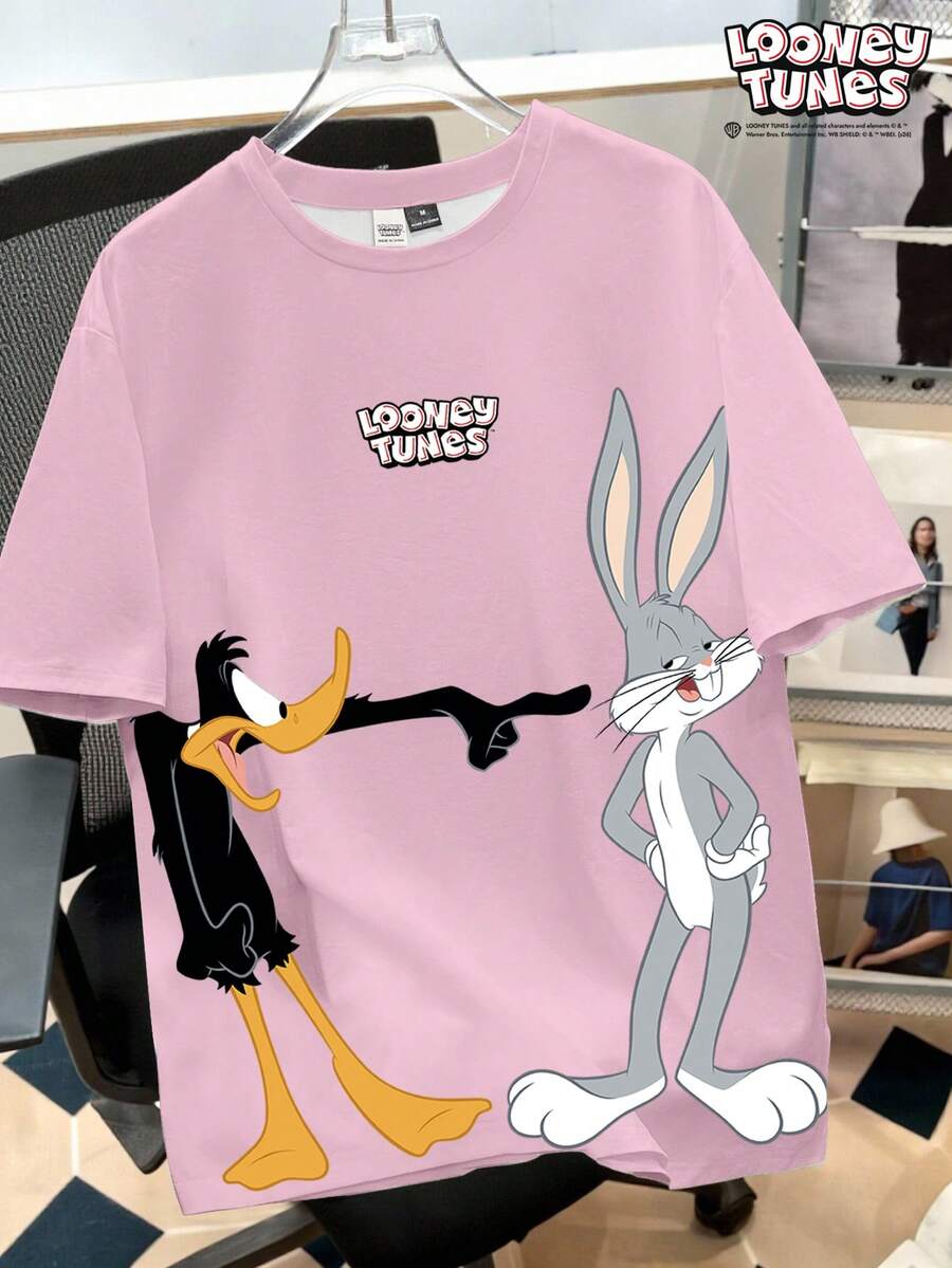 Looney Tunes X Manfinity Manfinity Joysei 男士休闲卡通动物图案圆领短袖T恤,夏季 - 粉色 - 查看 1