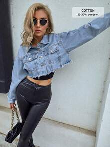 SHEIN ICON Áo khoác denim cắt xẻ giản dị - Màu xanh lam - Xem 6