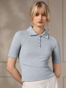 KÆRIA Hus Lorn Button Up Polo - Soft Touch, Slim Fit, Polo Collar, Short Sleeve, Button Front, Ribbed Knit, Fitted - Soft Blue - Casual, Wardrobe Staples - Green - View 1
