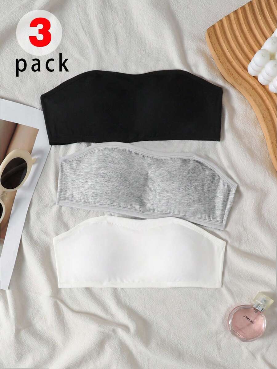 SHEIN Tween Girl Casual Growth Period Girls Base Layer Underwear, Black White Grey Fashion Simple Comfortable Strapless Ribbed Tube Top 3pcs Set - Multicolor - View 1