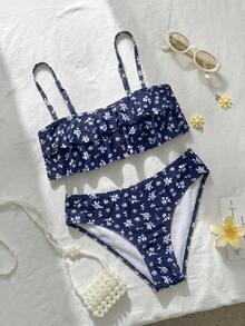 Swim Mod 花卉飾邊可愛甜美復古休閒度假海灘女款泳衣套裝 - 彩色 - 查看 3