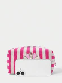 SHECARRY 女士時尚粉白條紋貝殼刺繡化妝包，水鑽裝飾帆布收納袋，便攜美妝包 - 玫粉 - 查看 6
