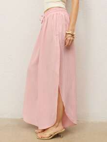CielaLinda Women's Crinkled Wide-Leg Pants With Side Slit, Elegant Casual Boho Resort Vacation Trousers Beach Dusty Pink Summer - Pink - View 1