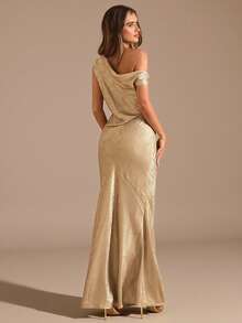 SHEIN BAE Autumn Solid Gold Textured Asymmetrical Shoulder Elegant Mermaid Maxi Dress,Women's Dining Evening Gown For Party,Cocktail&Formal Occasions - Gold - View 2