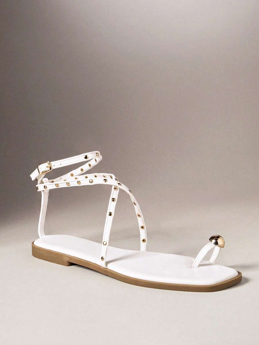 SHUZIA Women's Minimalist Elegant Rivets Decor Ankle Strap Flat Sandals - White - View 1