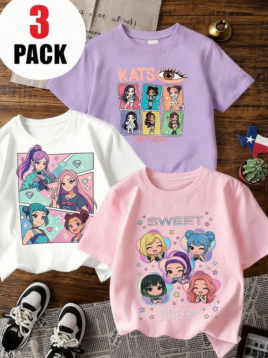 Set de 3 camisetas de niña con estampado de dibujo animado de capibara, de cuello redondo y manga corta para el verano - Morado - Ver 1
