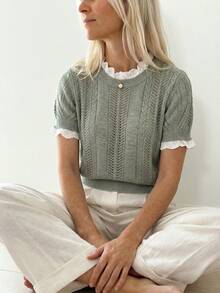 Sprig & Strand Women's Spring/Summer Round Neck Lace Trim Patchwork Design Elegant French Sweet Date Office Brunch Fitted Knit Pullover Top Sage Green - Green - View 3
