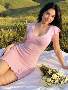 Sweetina 性感休閒純色波浪側邊V領迷你洋裝 - 淺粉色 - 查看 6
