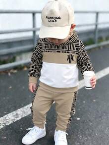 隨機發貨 1 款 3 選 1 抓絨格紋拼接連帽衛衣與側邊拼接格紋條紋休閒運動長褲 卡其色休閒套裝 - 彩色 - 查看 4