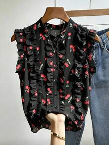 SHEIN Franclia 女款櫻桃印花休閒百搭日常外出上衣 - 黑色 - 查看 3