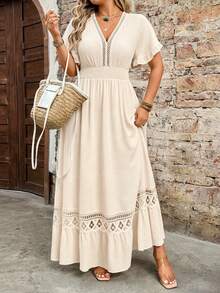 Breezaya Plus Size Women's Water-Soluble Lace Jacquard Romantic Fashion Dress, Versatile For Dating, Daily Wear, Commuting, Vacation, Suitable For Spring And Summer - Apricot - View 5