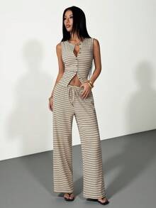SHEIN PETITE 2件組女款休閒條紋前扣長袖上衣與寬腿褲套裝，秋季條紋兩件套 - 彩色 - 查看 4