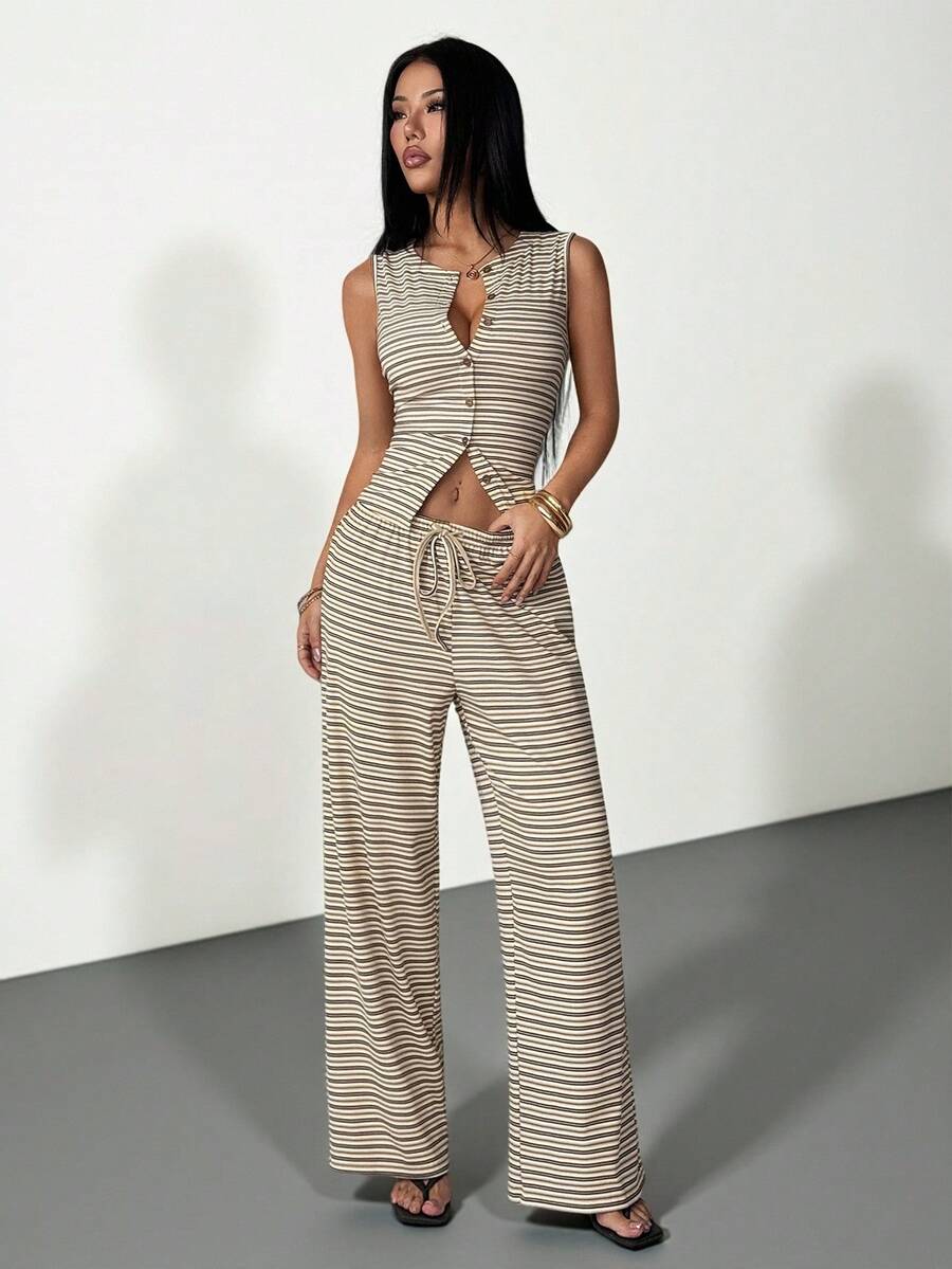SHEIN PETITE 2pcs Women Casual Striped Front Button Long Sleeve Top And Wide Leg Pants Set, Autumn Striped Two Pieces Set - Multicolor - View 1