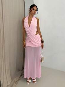 Glamine 2026 Women's Elegant Mama Mia Sexy Criss-Cross Halter Neck Cut-Out Backless Hip Mesh Spliced Mermaid Ultra Long Dress Wedding Baby Pink Summer Party - Baby Pink - View 11