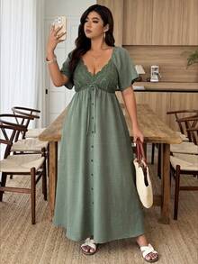 Weeklong Women's Plus Size Spring/Summer Casual Vacation Waist-Defining Exquisite Lace Button Contrast Color Loose A-Line Dress, Suitable For Daily Vacation Wear - Green - View 3