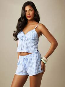MISSGUIDED Gingham Check Lace Trim Cami Top With Tie Front Detail Spaghetti Strap Lounge Crop Top - Blue and White - View 4
