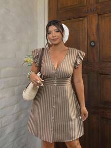 Lounesse 女款大尺碼前扣條紋布料時尚大尺碼洋裝 - 杏色 - 查看 7