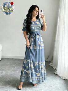 Modelyn 龟壳竹子、椰子树、散叶棕榈叶剪影图案三角形印花浅紫色连衣裙，女士时尚圆领短泡泡袖设计，配腰带，中长连衣裙，优雅夏季连衣裙 - 彩色 - 查看 5