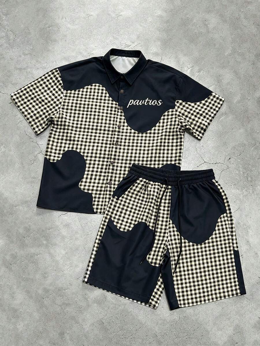 Manfinity Roghcode 男士拼接格紋短袖襯衫與短褲休閒套裝,儀式穿著 - 彩色 - 查看 1