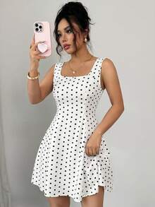 Rafferiza Ditsy Floral Square Neck Tie Waist A-Line Sleeveless Dress For Women - Black and White - View 3