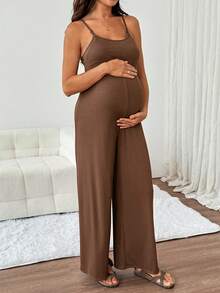 SHEIN Maternity Nursing Function Solid Color Casual Daily Outing Strapless Jumpsuit - Brown - View 7
