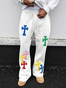 PAVTROS Men's Casual Loose Fit Cross Embroidery Sweatpants - White - View 5