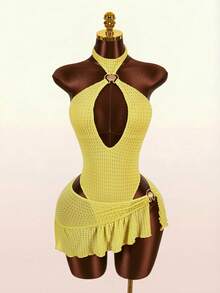 Amplova Ensemble de maillot de bain pour femmes, maillot de bain une pièce dos nu à col licou avec décoration en coquillage métallique et jupe de plage - Jaune clair - Voir 3