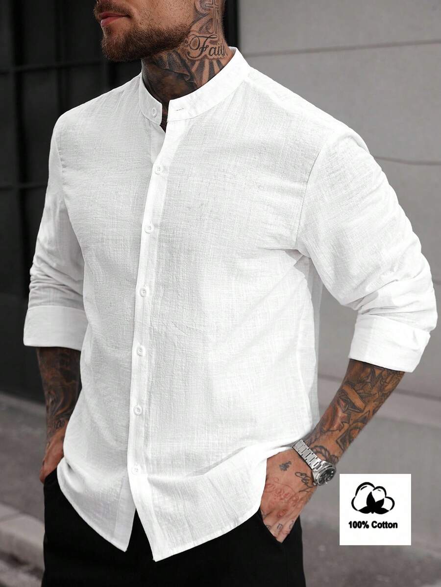 Manfinity Homme Men's Solid Color Front Button Stand Collar Casual Long Sleeve Shirt - White - View 1