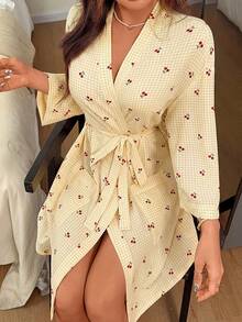 Napfluff Women's Casual Cherry Plaid Print Open Front Robe - Yellow - View 4