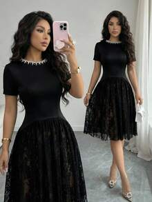 Feyla Women's Faux Pearl Decorated Round Neck Short Sleeve Lace Hem Elegant Modest Short Dress Party Dinner Black Summer - Black - View 1