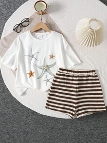 SHEIN 青少年女孩夏季新款休閒度假日常套裝 紋理條紋寬鬆短袖T恤短褲套組 - 白色 - 查看 7