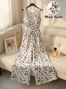 Franclia Plus Size Woven V-Neck Sleeveless Ink Print Camisole Tie Waist Metal Buckle Wide Leg Jumpsuit Tea Party Vacation Pastel Summer - Beige - View 1
