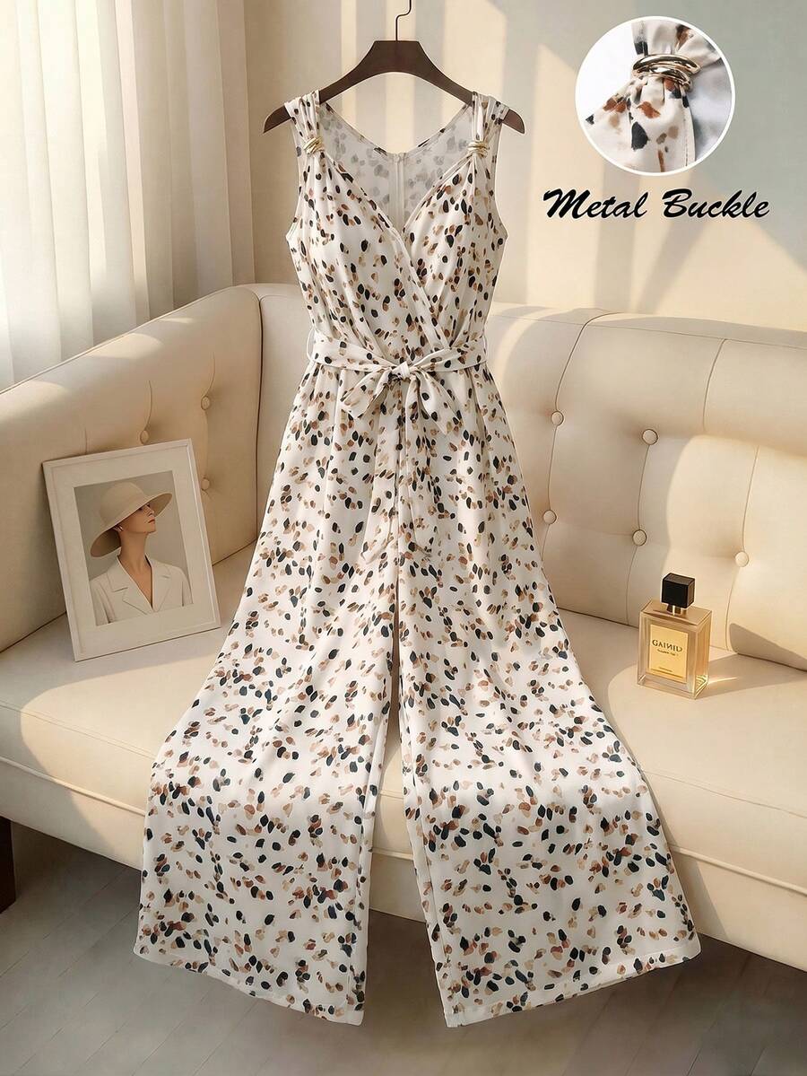 Franclia Plus Size Woven V-Neck Sleeveless Ink Print Camisole Tie Waist Metal Buckle Wide Leg Jumpsuit Tea Party Vacation Pastel Summer - Beige - View 1