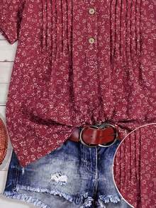 SHEIN LUNE Plus Size Summer New Floral Chiffon Fabric Round Neck Short Sleeve Placket Patchwork Ruffle Hem Women Casual Daily Work Blouse Shirt - Burgundy - View 3