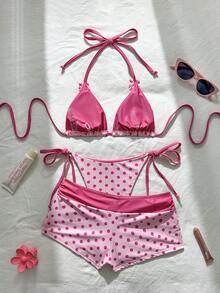 Swim Mod Set Bikini Wanita Musim Semi/Panas Terbaru Motif Polkadot dengan Hiasan Pita, Atasan Segitiga Tanpa Punggung Model V-Neck Halter dan Bawahan Ikat, Cakupan Penuh 3 Potong - Berwarna merah muda - View 5