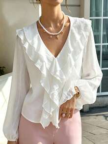 Jade & Ember Women's Solid Color V-Neck Ruffle Trim Casual Elegant Romantic Long Sleeve Top Tea Party White Autumn - White - View 5