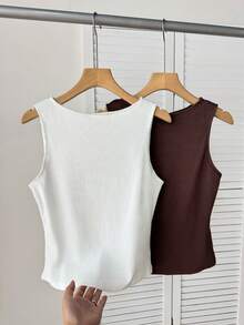 SHEIN BAE Women's 95% Cotton Sleeveless Tank 2 Packs - Brown & White, Breathable, Summer Work Basic - Multicolor - View 10