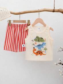 SHEIN 2pcs/Set Baby Boy/Girl Cute Casual Comfortable Funny Cartoon Dinosaur Pattern Tank Top And Elastic Waist Striped Shorts Set,Red - Multicolor - View 9