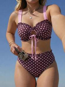 Swim Mod 2026 New Spring/Summer Plus Size 2-Piece Bikini Set Set For Women, Brown Base With Pink Polka Dot Random Print Top And Pink Solid Color Shoulder Strap Large Scoop Neck Bottom, Suitable For Beach And Vacation Wear - Multicolor - View 4