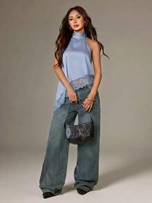 SHEIN PETITE 不對稱高領掛脖上衣 蕾絲飾邊 晚宴派對款 - 淺藍色 - 查看 4