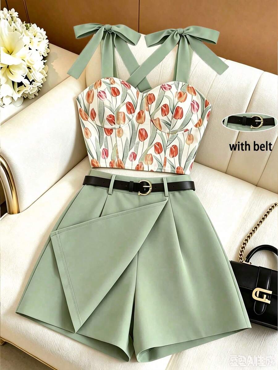 GlowEve Women's Tulip Print Cami Top With Shoulder Tie Bow Design, Matcha Green High Waist Asymmetrical Skort With Belt, Elegant Slim Fit Commute 2-Piece Set - Multicolor - View 1