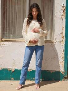 Boho Mama 孕婦紋理鐘形袖單排扣休閒襯衫 - 杏色 - 查看 8