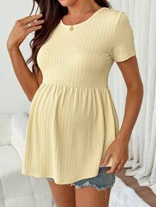 SHEIN Maternity Round Neck Short Sleeve Solid Color Textured High Waist Ruffle Hem T-Shirt - Yellow - View 6