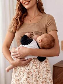 SHEIN Maternity Floral Patchwork Nursing Dress - Khaki - View 2