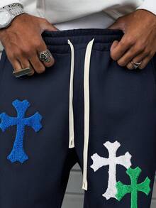 PAVTROS Men's Cross Patchwork Drawstring Waist Casual Sweatpants - Navy Blue - View 2
