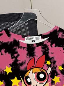 THE POWERPUFF GIRLS X SHEIN 加大码圆领短袖 T 恤，舒适休闲，带有扎染和花朵、泡泡、毛茛图案 - 白色 - 查看 5