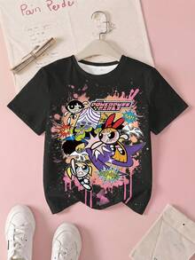 THE POWERPUFF GIRLS X SHEIN 少女休闲卡通印花T恤，夏季 - 白色 - 查看 1