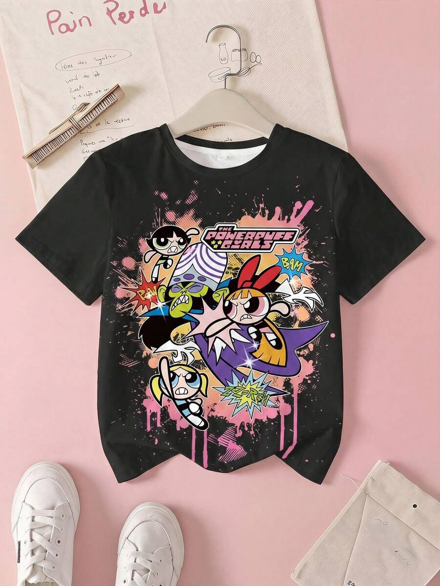 THE POWERPUFF GIRLS X SHEIN 少女休闲卡通印花T恤,夏季 - 白色 - 查看 1