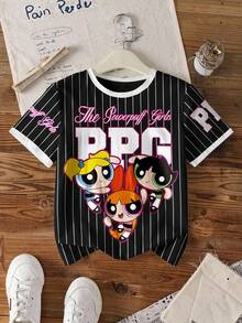 THE POWERPUFF GIRLS X SHEIN 少女条纹圆领卡通字母印花休闲百搭日常短袖T恤 - 白色 - 查看 8
