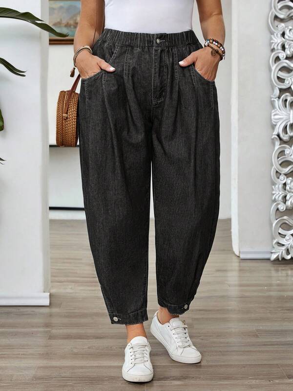 EMERY ROSE Mature Denim 大尺碼女款無彈力牛仔褲，夏季休閒薄款燈籠褲，彈性腰帶與前開襟設計，寬鬆版型